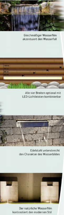 LED und bewegtes Wasser. Wasserfalllschalen aus Edelstahl